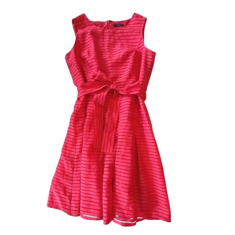 Tommy Hilfiger Pink Striped Fit and Flare Dress Sleeveless Bow Waist Party Dress